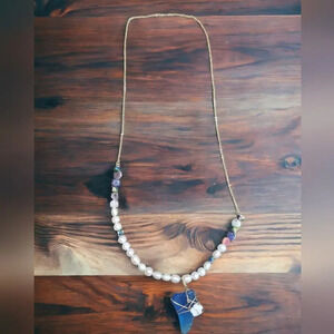 14k Gold Plated Cultured Freshwater Pearl Lampwork Swirl Sea Glass Necklace